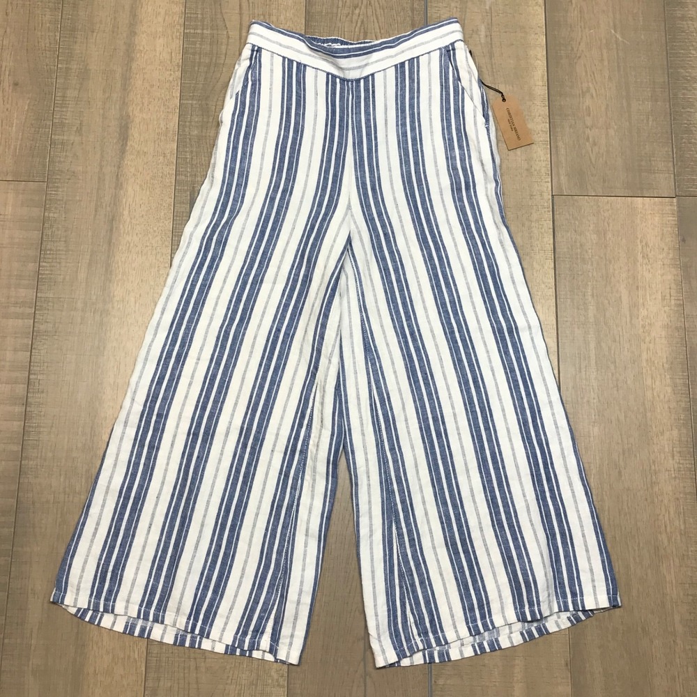 Christian Siriano Wide Leg Pants Womens S Blue Linen Cotton Blend Striped Beach